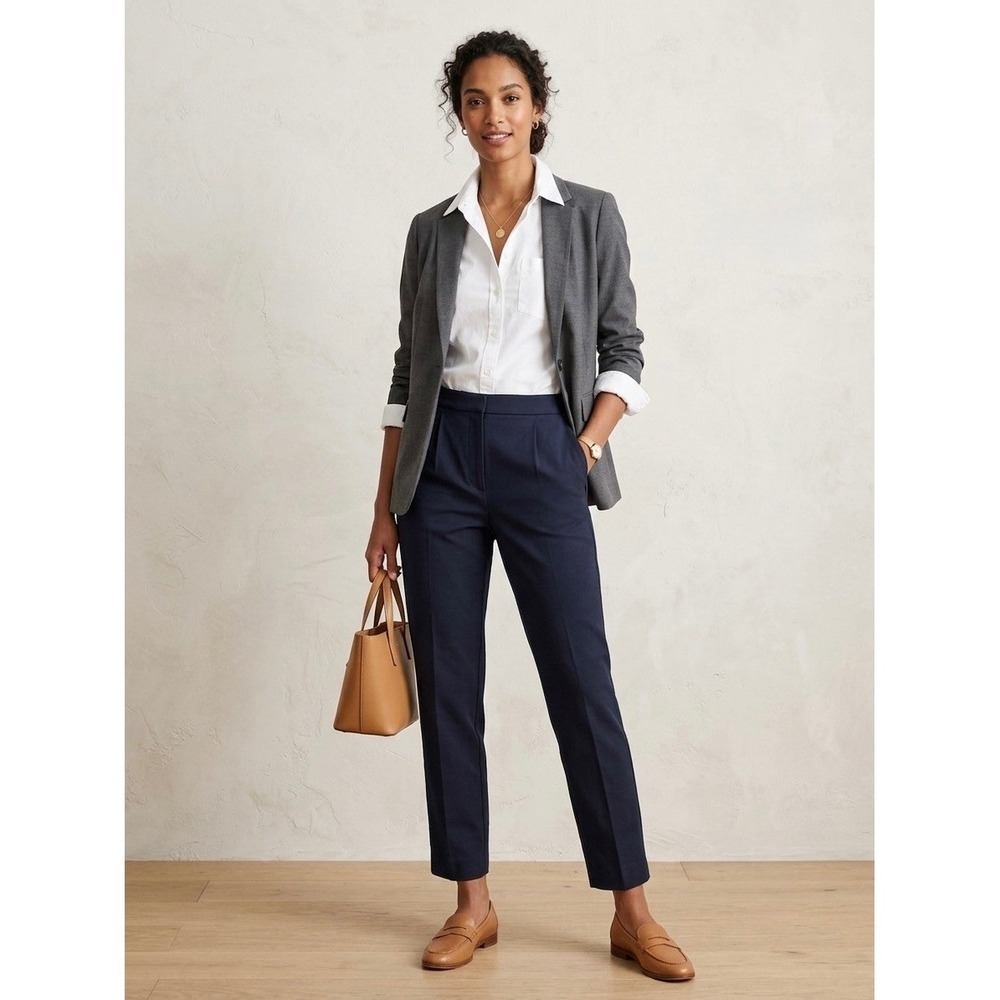 J.Crew Martie Slim Crop Pant Navy Blue Bi-Stretch Cotton Size 4 Side Zip Trouser